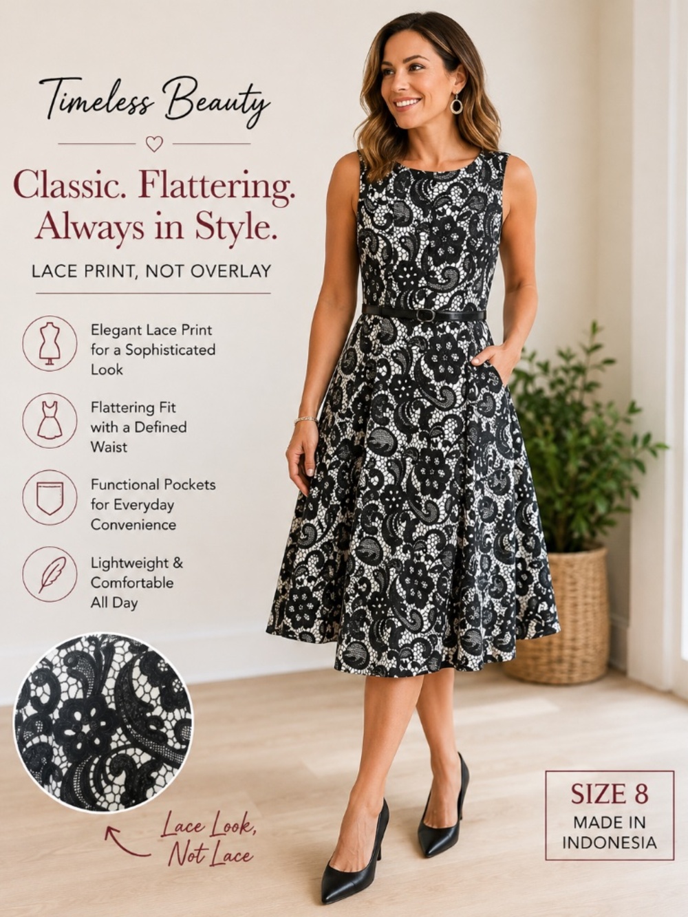 Nine & Company Black & White Lace Print Belted Dress Size 8